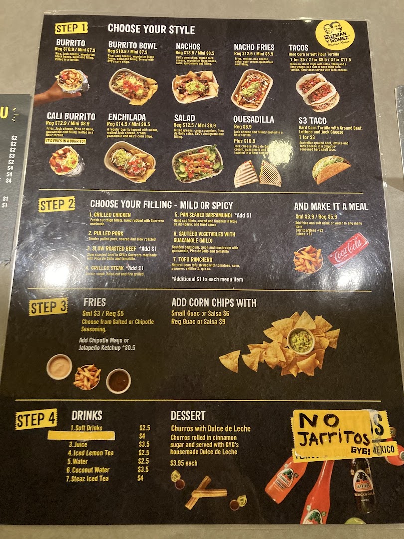 A detailed menu board for Guzman y Gomez, showcasing various Mexican food options and prices.