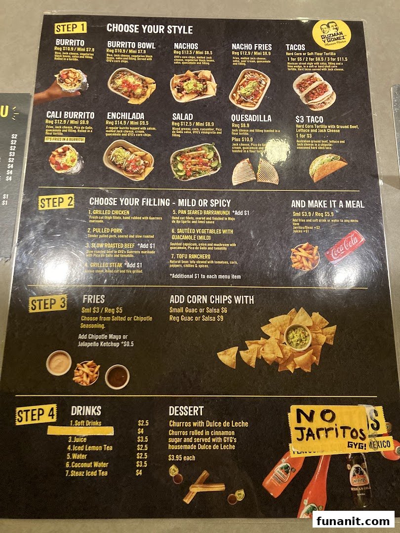A detailed menu board for Guzman y Gomez, showcasing various Mexican food options and prices.