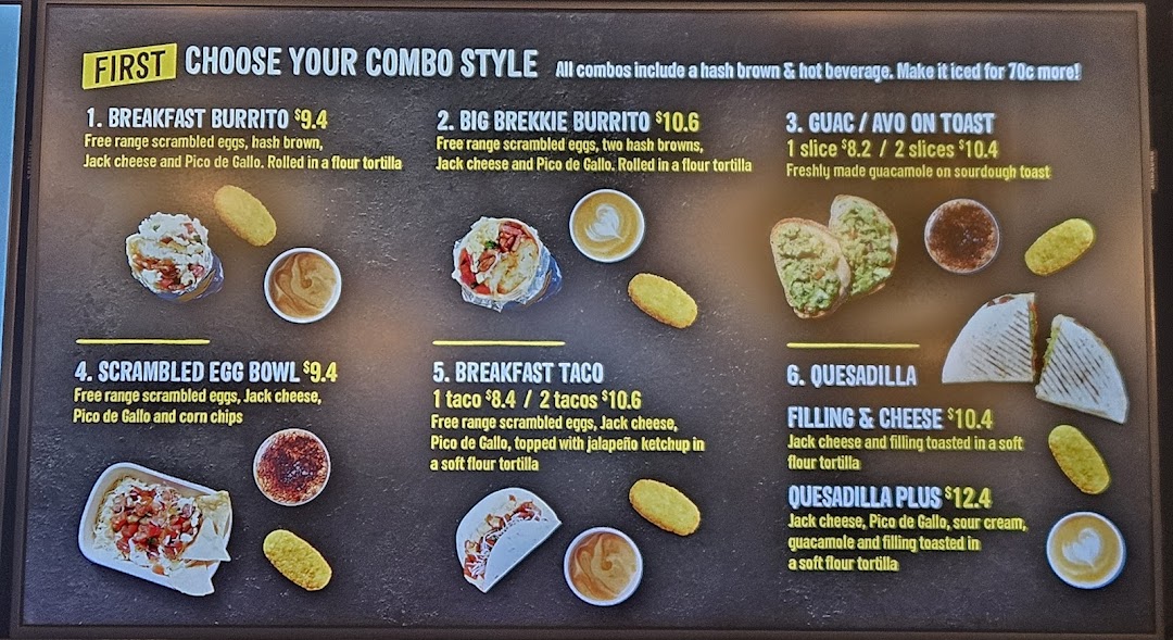 A digital menu board displaying breakfast combo options with prices and descriptions.