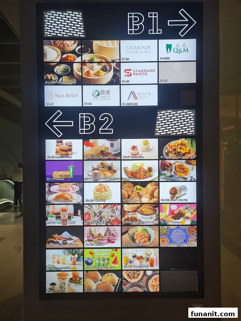 A digital directory board showing retail and F&B outlets on B1 and B2 levels.