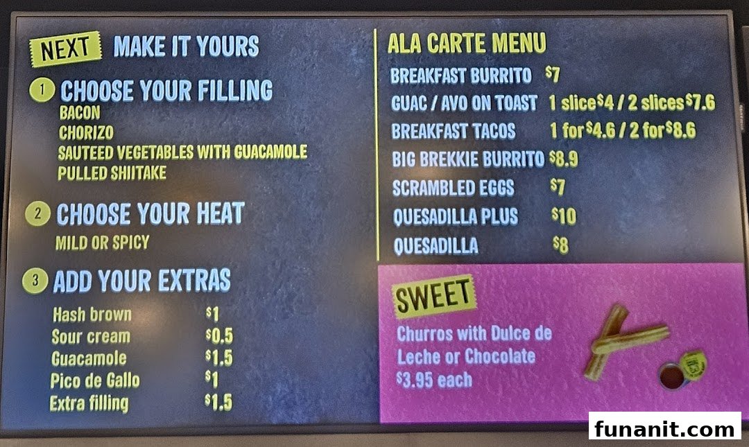 A digital menu board displaying breakfast items, customizable options, and sweet treats.