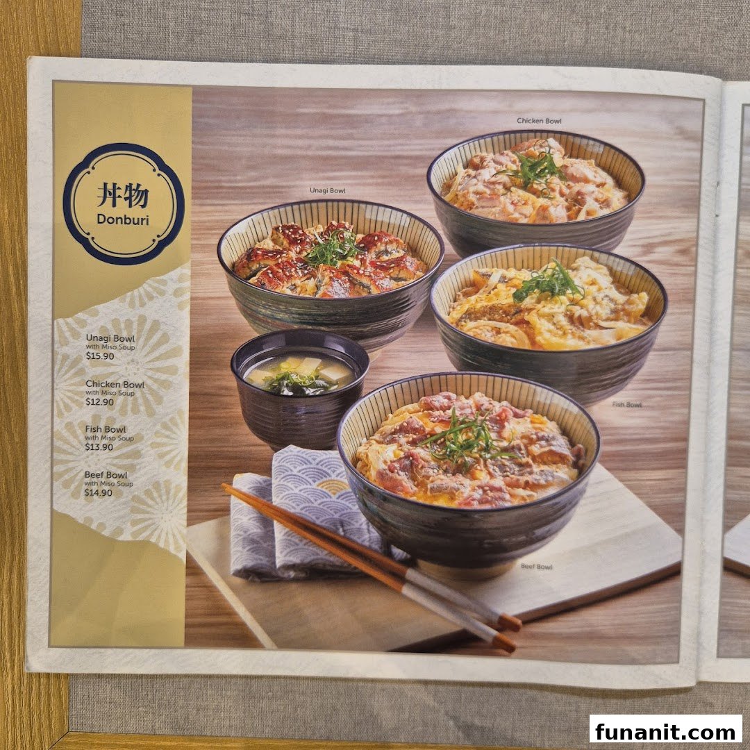 A menu page showcasing various Japanese Donburi bowls with their names, descriptions, and prices.