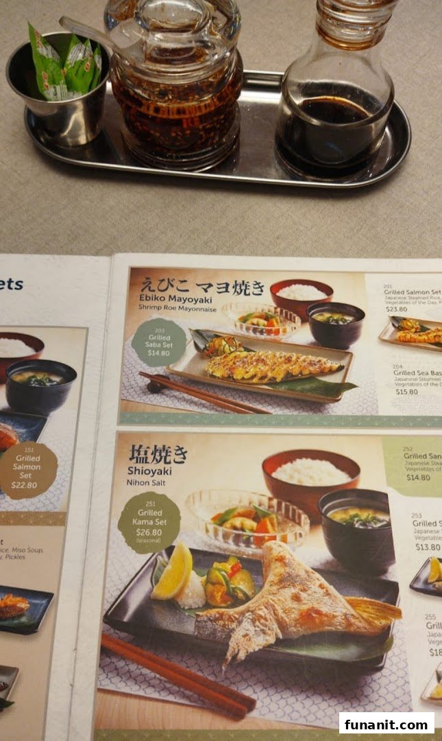 A close-up of a Japanese grilled fish and sukiyaki menu, featuring various set meals.