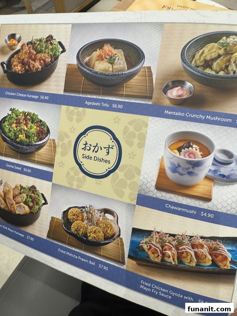 A menu page from GyoGyo featuring a variety of Japanese side dishes with photos and prices.