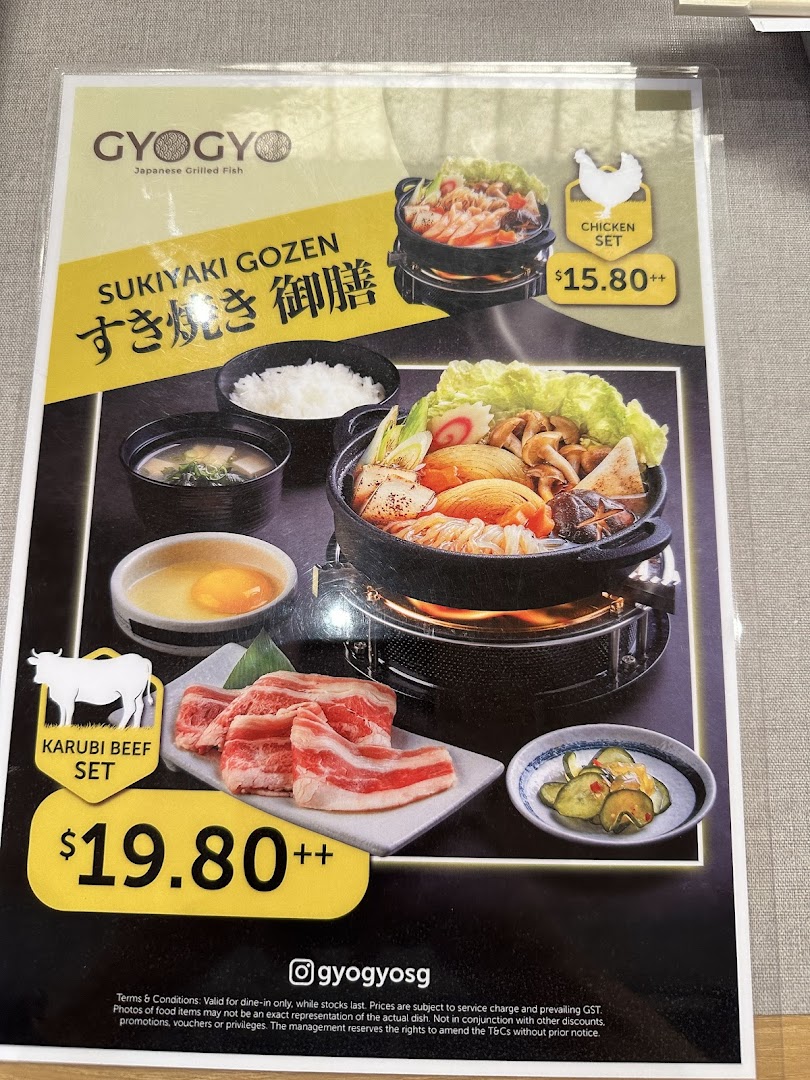 GyoGyo's menu features Sukiyaki Gozen sets with chicken or karubi beef, showcasing authentic Japanese hotpot options.