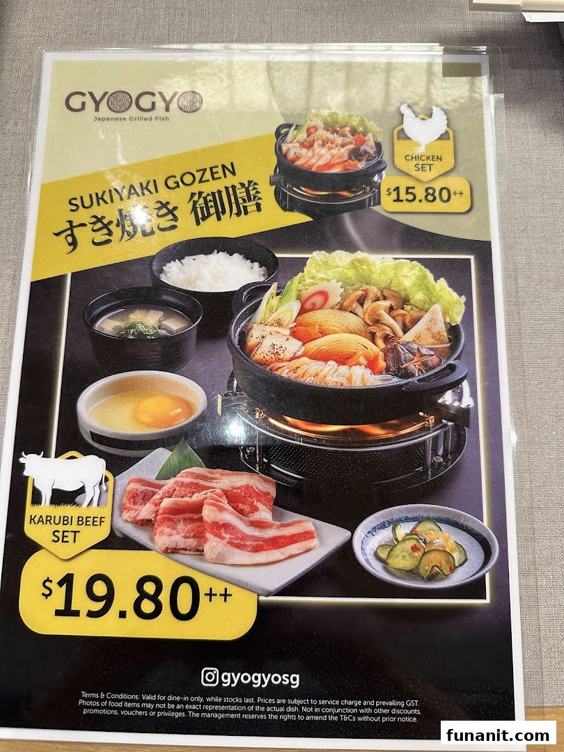 GyoGyo's menu features Sukiyaki Gozen sets with chicken or karubi beef, showcasing authentic Japanese hotpot options.