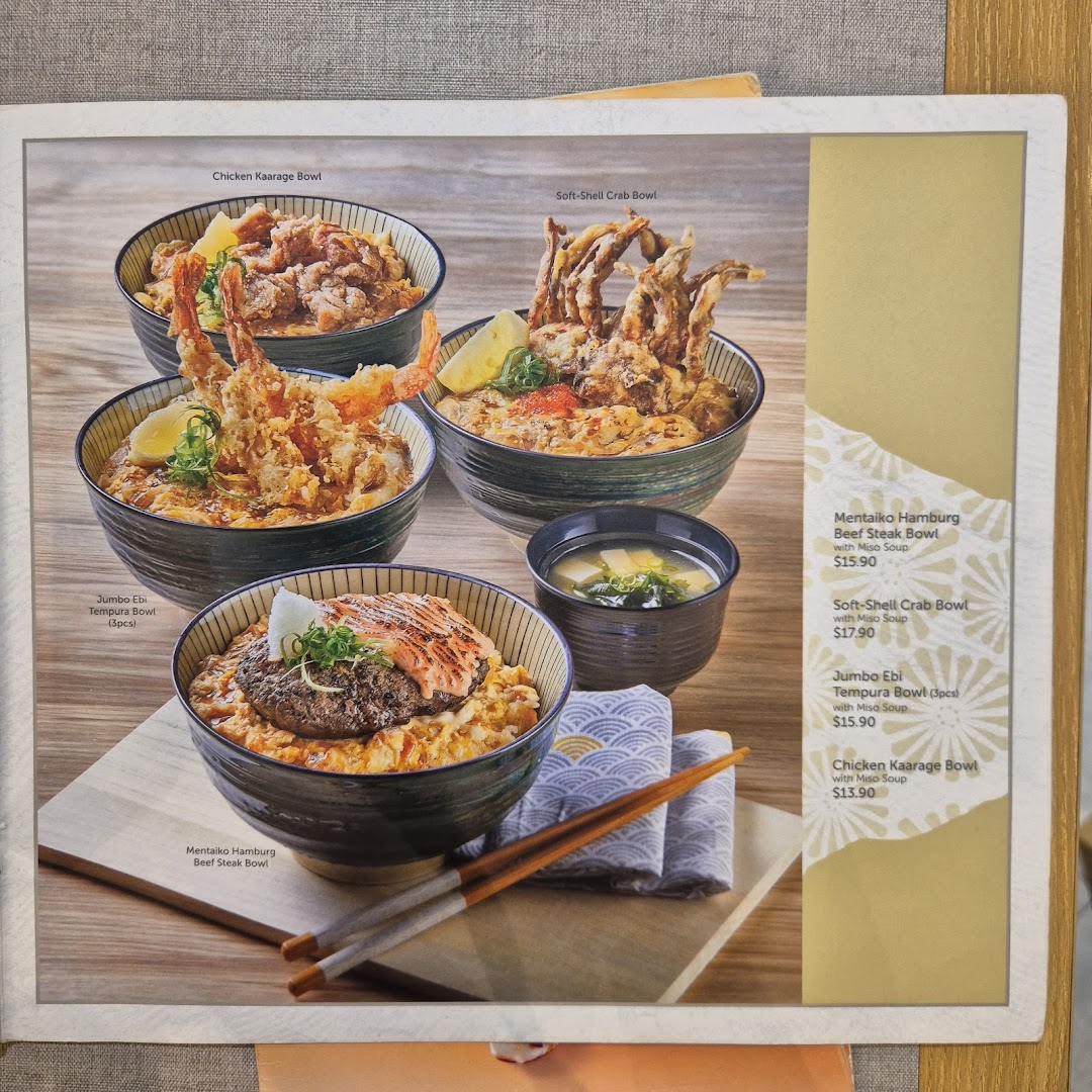 A vibrant menu display showcasing various Japanese rice bowls with accompanying miso soup.