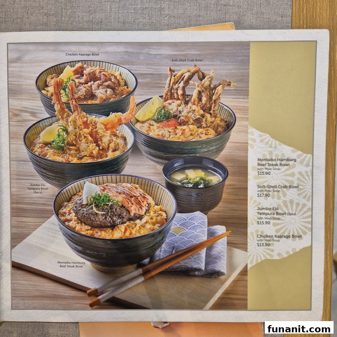 A vibrant menu display showcasing various Japanese rice bowls with accompanying miso soup.