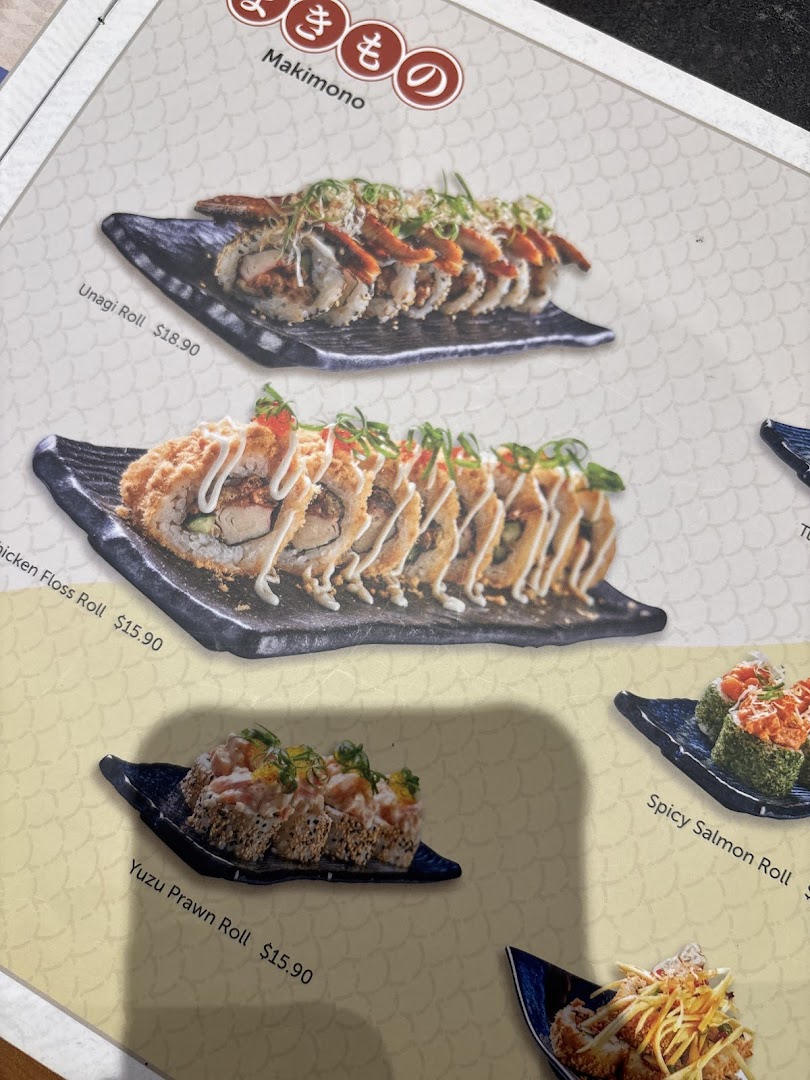 A menu page showcasing various Japanese sushi rolls, including Unagi, Chicken Floss, and Yuzu Prawn rolls.