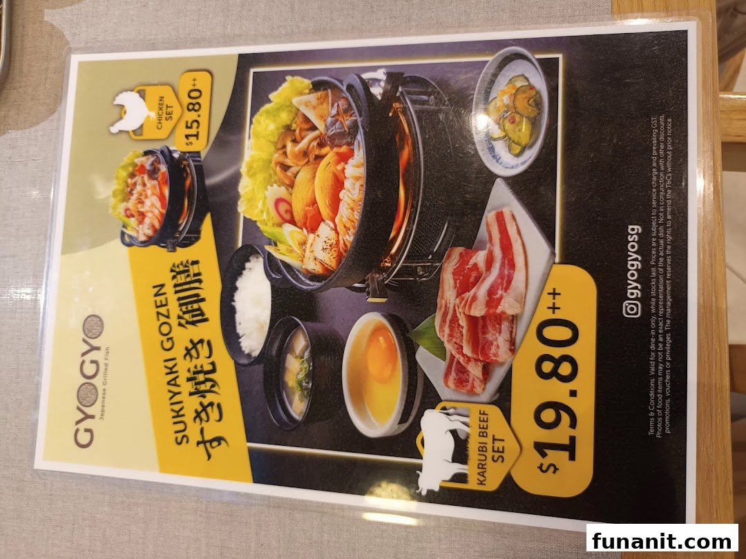 A menu displaying Sukiyaki Gozen sets, including Chicken and Karubi Beef options with prices.