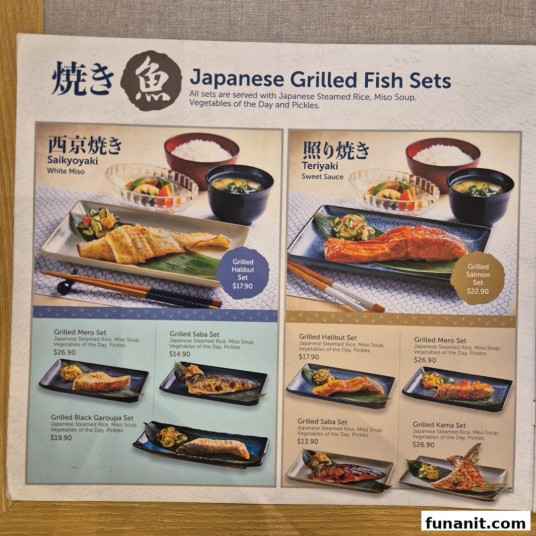 A detailed menu page showcasing various Japanese grilled fish sets with prices and descriptions.