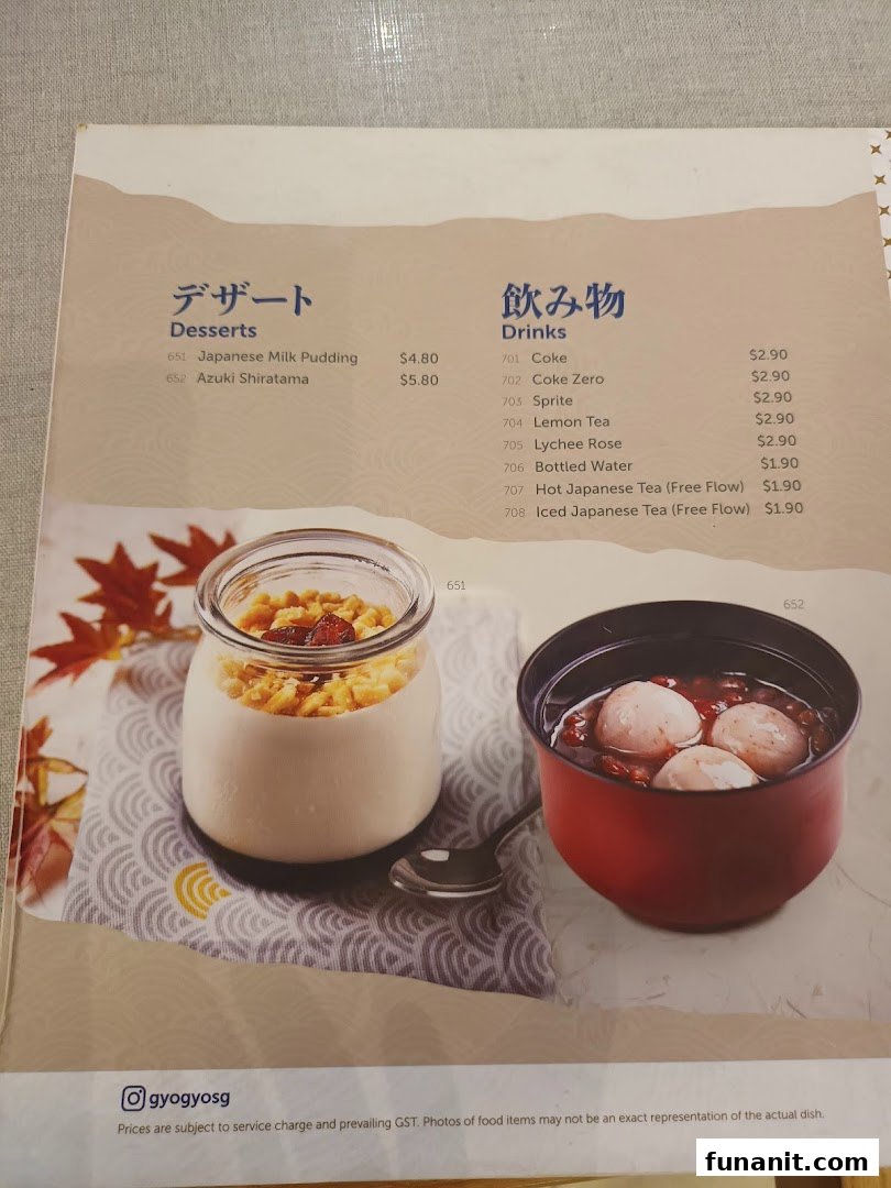 A menu page displaying Japanese desserts and various drinks with their prices and images.