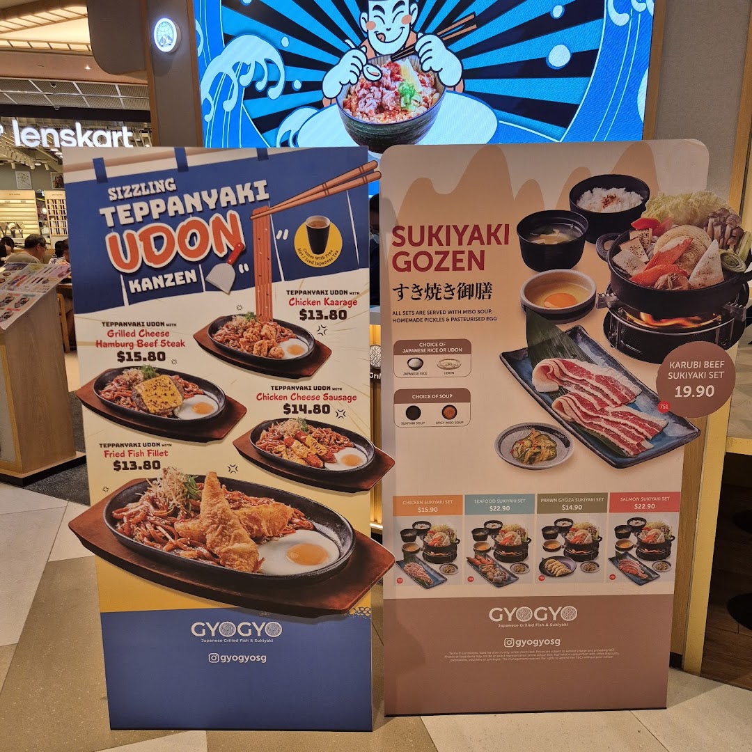 Promotional standees showcasing Teppanyaki Udon and Sukiyaki sets with prices at GyoGyo.