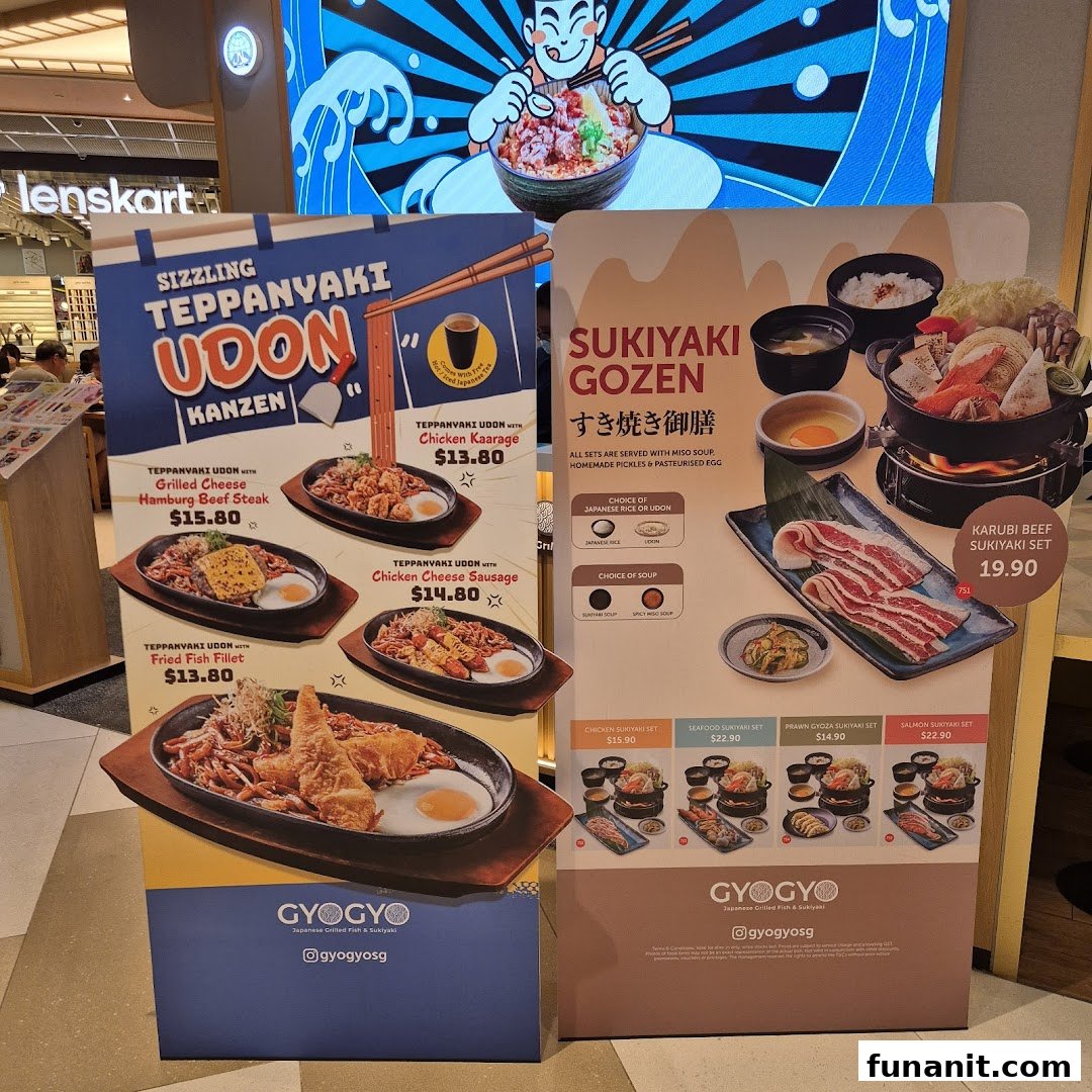 Promotional standees showcasing Teppanyaki Udon and Sukiyaki sets with prices at GyoGyo.