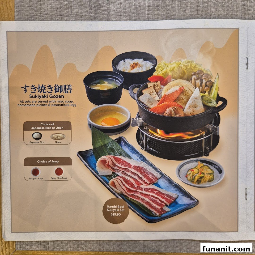 A vibrant Sukiyaki Gozen set featuring beef, vegetables, and customizable options from GyoGyo.