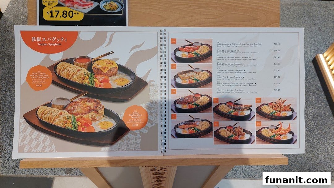 A detailed menu displaying various Teppan Spaghetti dishes with images and prices.