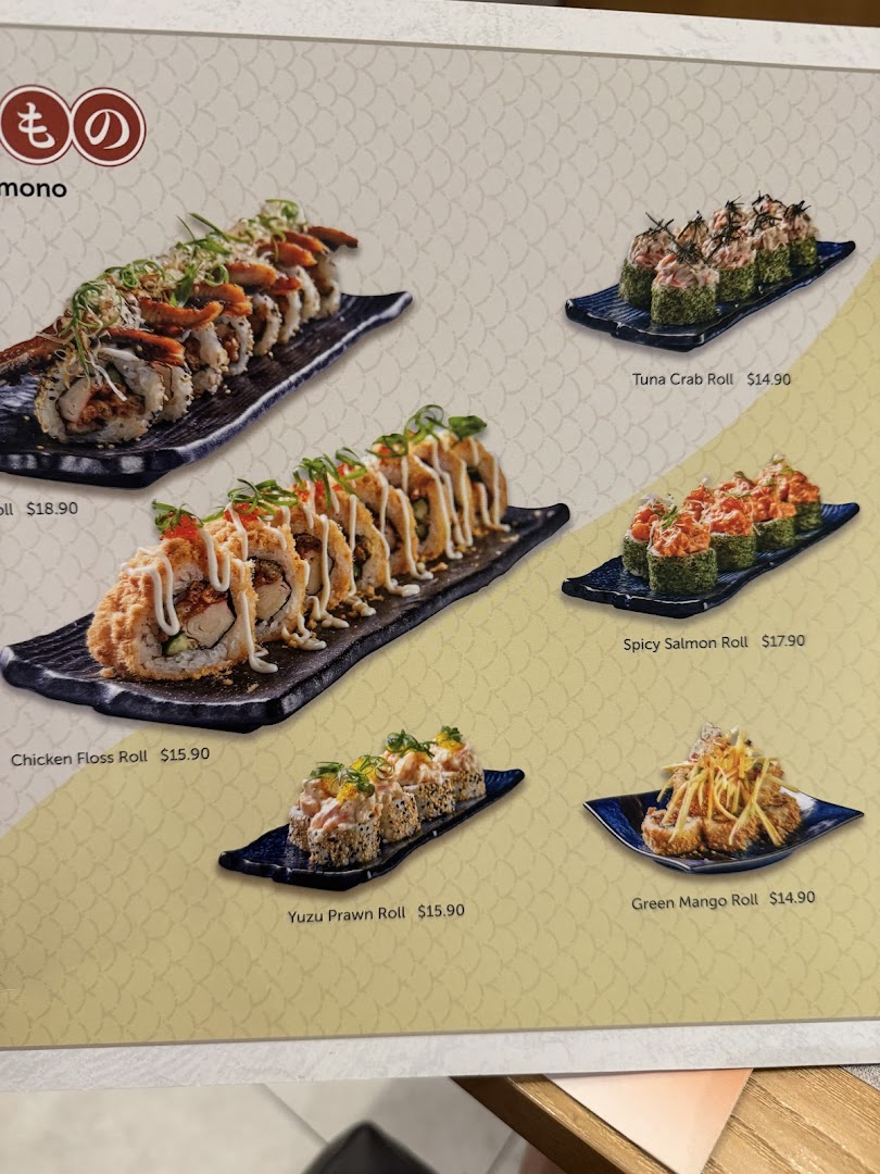 A vibrant menu page showcasing various Japanese sushi rolls with their names and prices.
