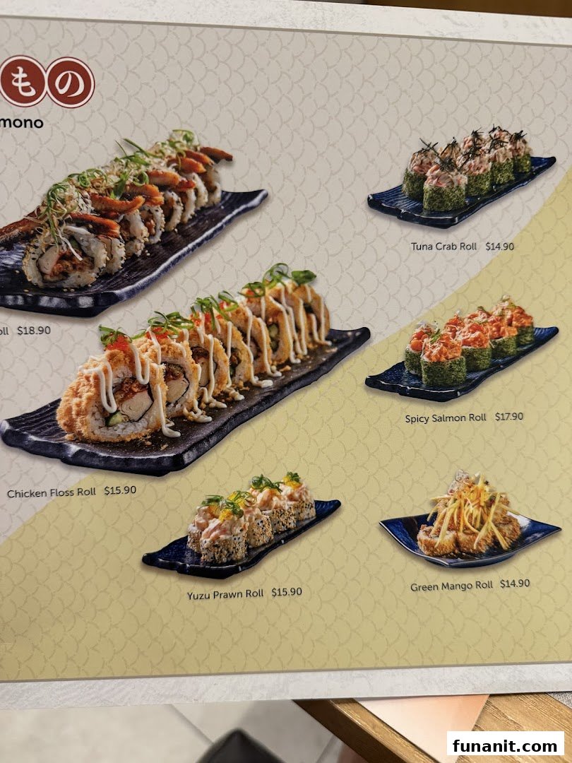 A vibrant menu page showcasing various Japanese sushi rolls with their names and prices.