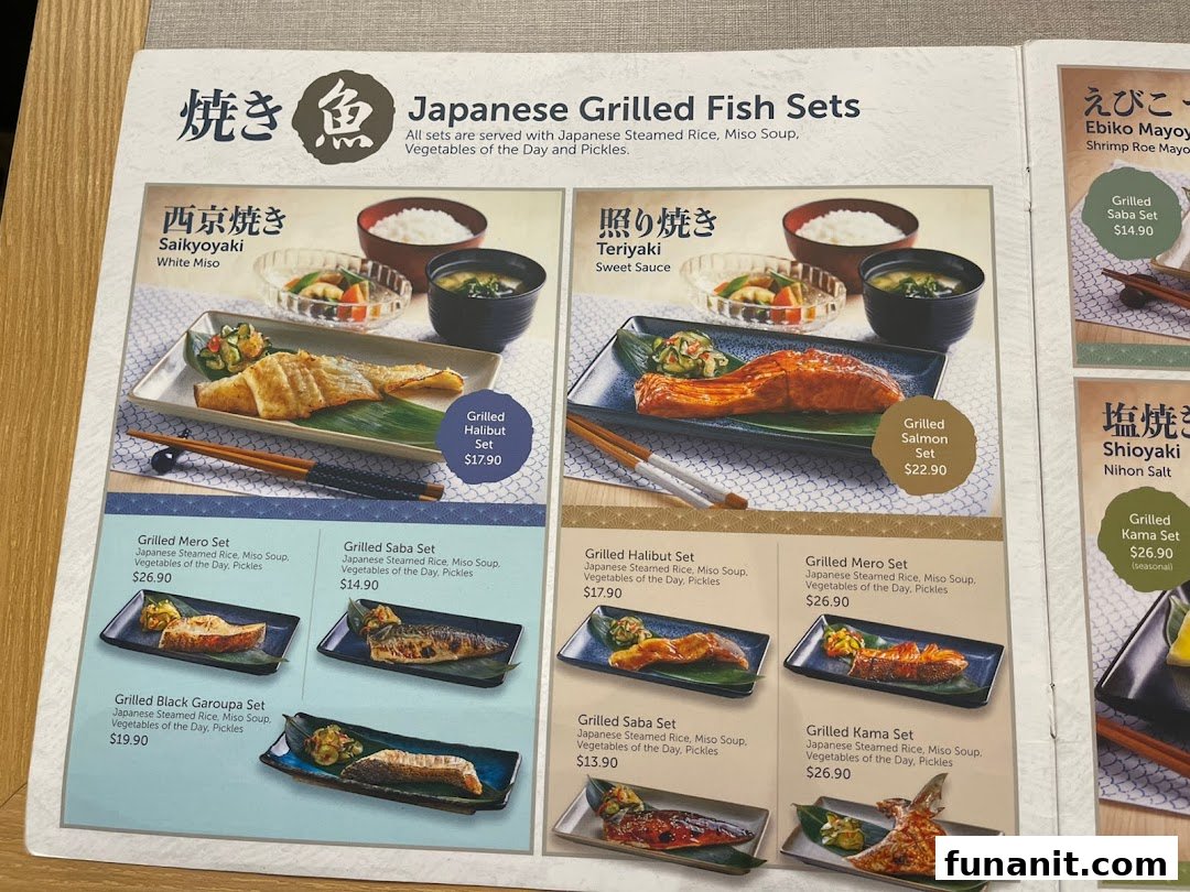 A menu page showcasing various Japanese grilled fish sets with different preparations and prices.