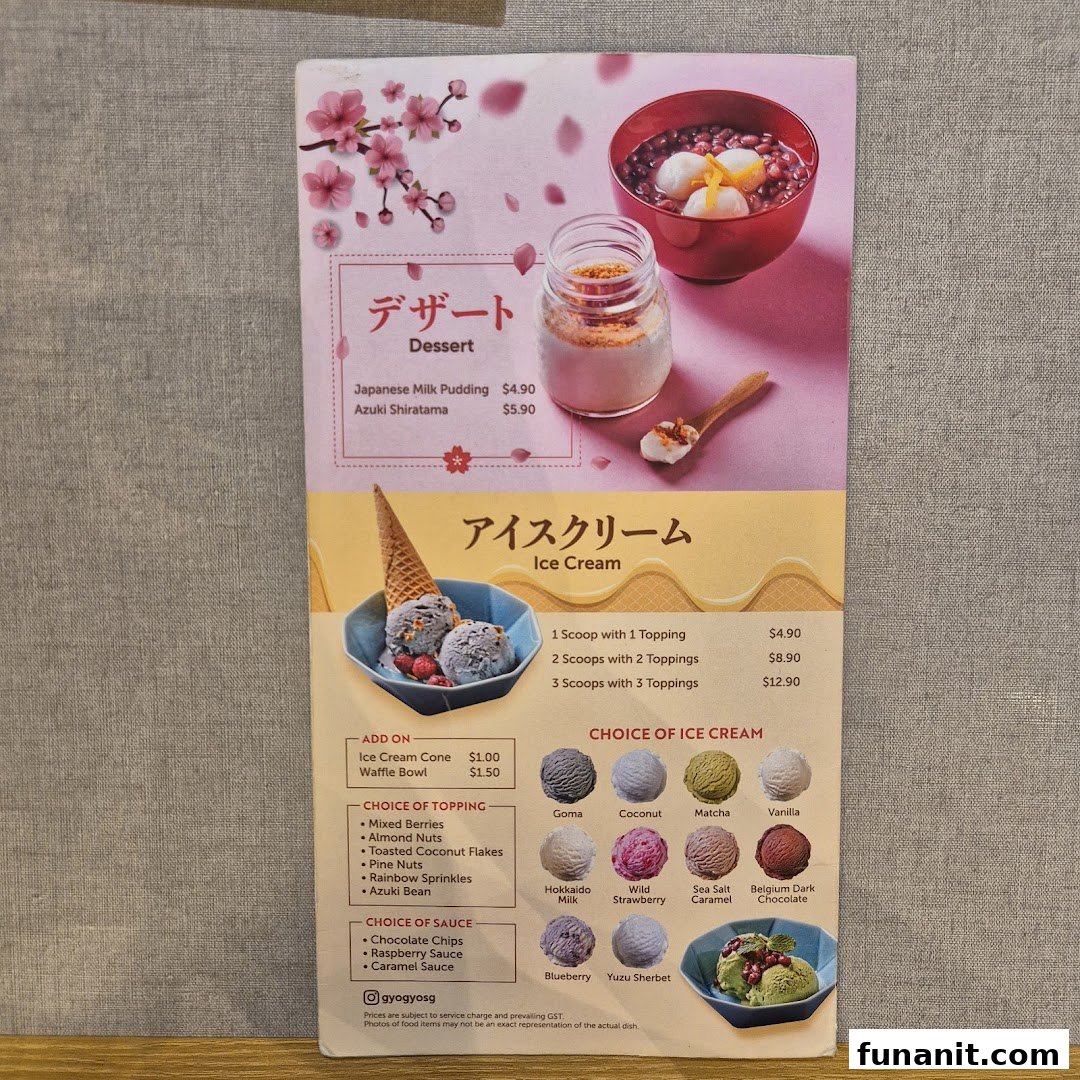 A menu page displaying Japanese desserts and ice cream options with prices and customization choices.
