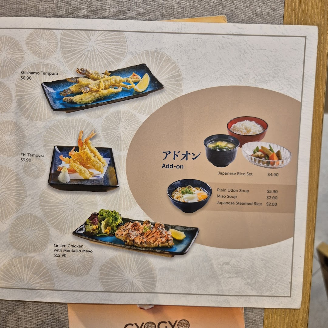 A menu page from GyoGyo Japanese Grilled Fish Sukiyaki, showcasing tempura, grilled chicken, and add-on dishes.