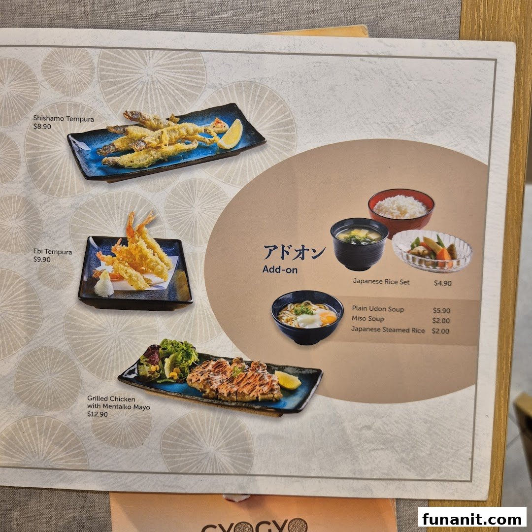 A menu page from GyoGyo Japanese Grilled Fish Sukiyaki, showcasing tempura, grilled chicken, and add-on dishes.