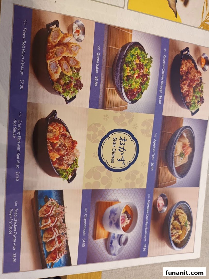 A menu page from GyoGyo Japanese Grilled Fish Sukiyaki, showcasing various Japanese side dishes.