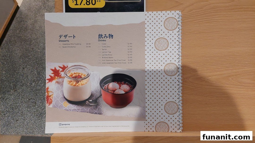 A close-up view of GyoGyo's menu featuring desserts and drinks with prices.