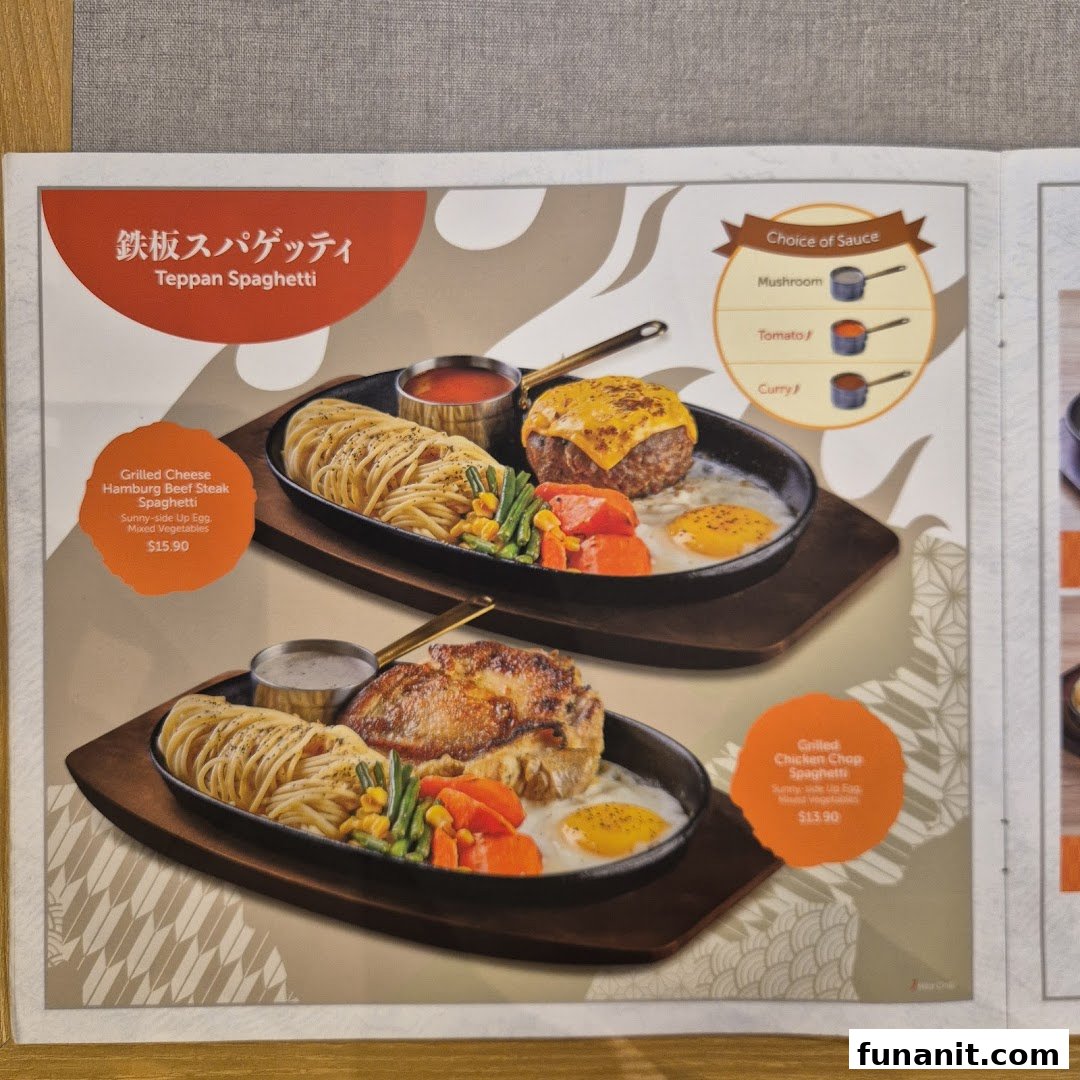 A menu page showcasing two Teppan Spaghetti dishes with different protein options and sauce choices.