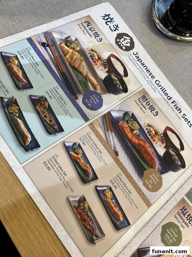 A detailed menu page showcasing various Japanese grilled fish sets with prices and descriptions.