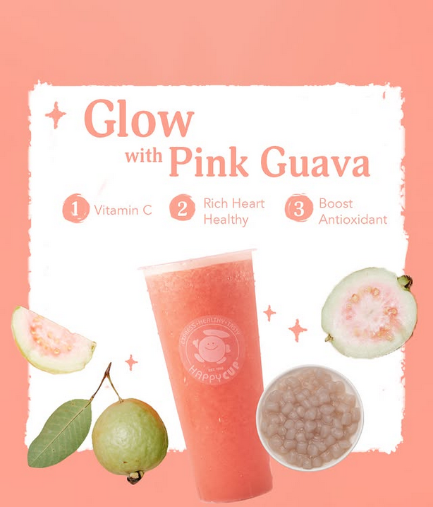 A vibrant pink guava drink with fresh fruit and boba, highlighting its health benefits.