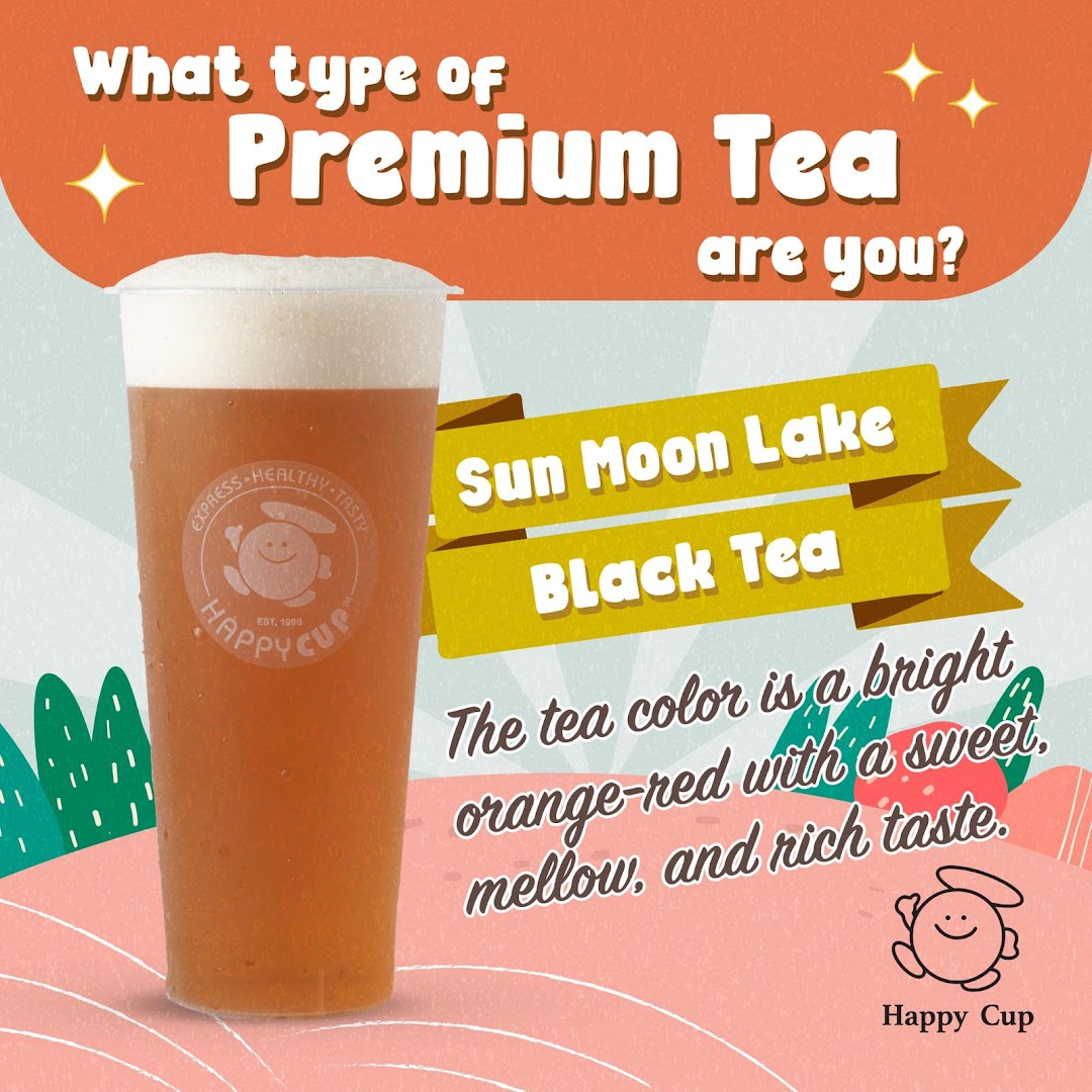 A promotional image for Happy Cup's Sun Moon Lake Black Tea, highlighting its rich taste.
