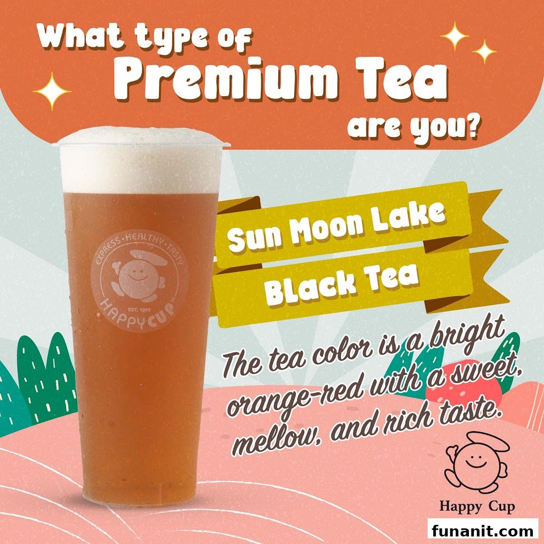 A promotional image for Happy Cup's Sun Moon Lake Black Tea, highlighting its rich taste.