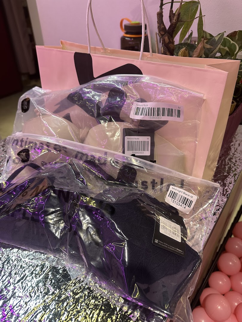 Newly purchased intimate wear from IM IN IMINXX, including bras in Almond Nude and Midnight Black.