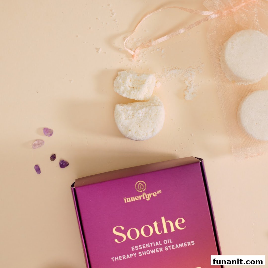 Innerfyre Co's 'Soothe' essential oil therapy shower steamers with packaging and crystals.