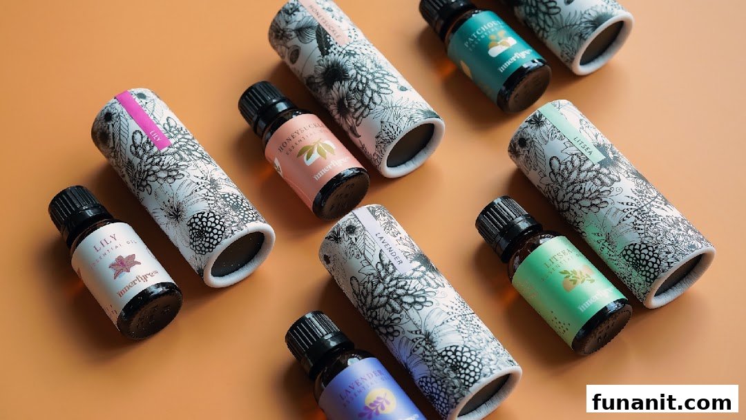 A collection of Innerfyre Co essential oil bottles and their decorative packaging.
