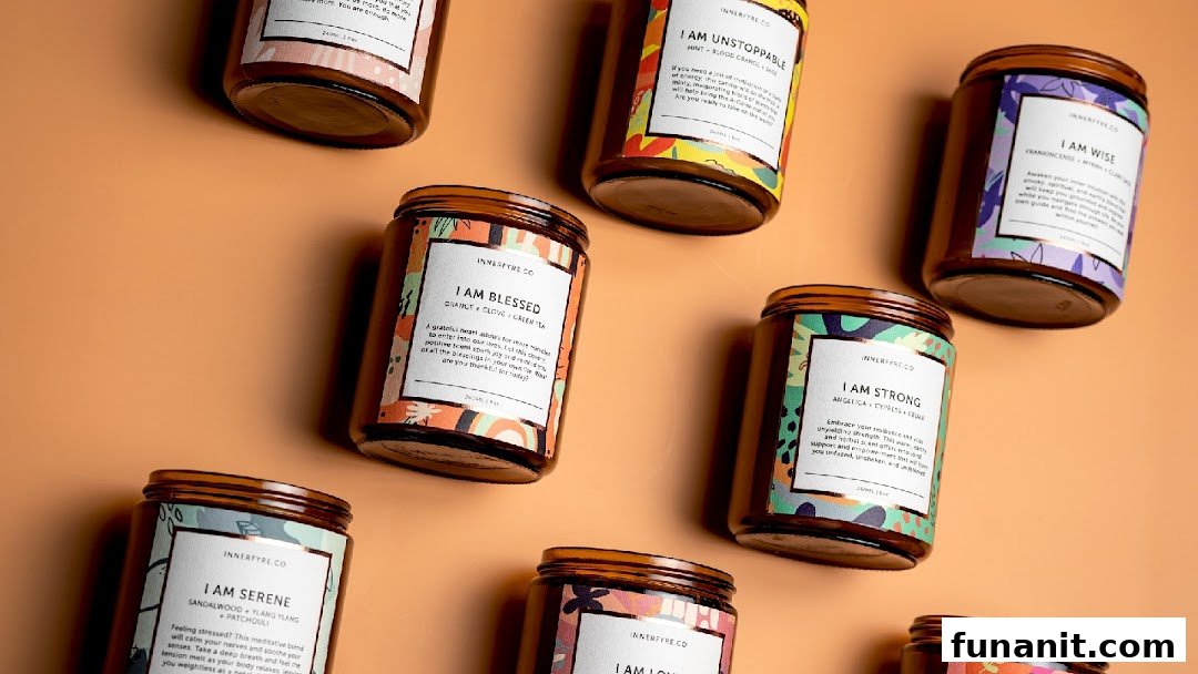 A collection of Innerfyre Co. scented candles with unique labels and affirmations.