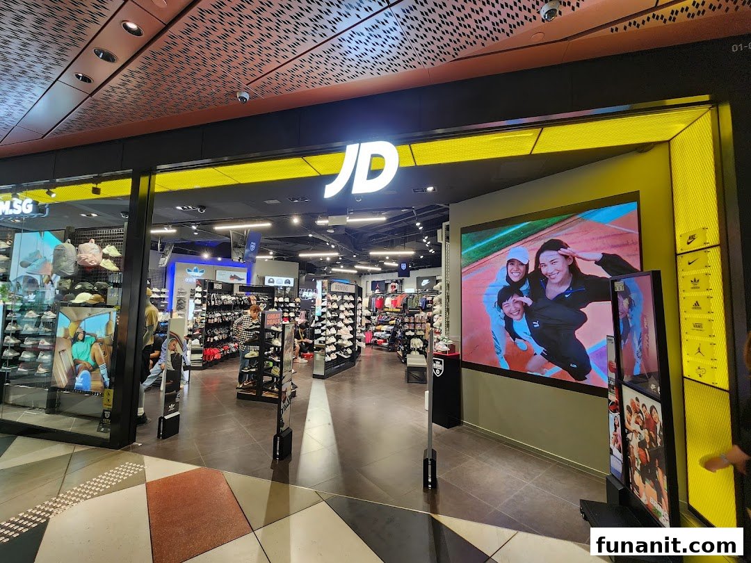 The vibrant entrance of JD Sports, featuring its logo, a large digital display, and a view into the retail space.