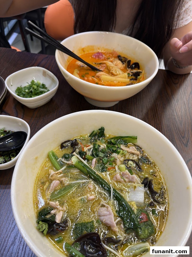 Two vibrant bowls of Asian-style soup or noodles with fresh ingredients on a wooden table.