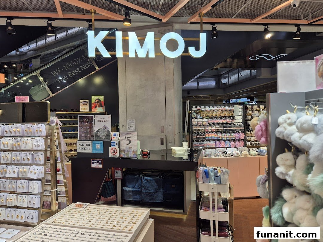 Interior view of KIMOJ, showcasing a variety of trendy accessories, eyewear, and novelty items.