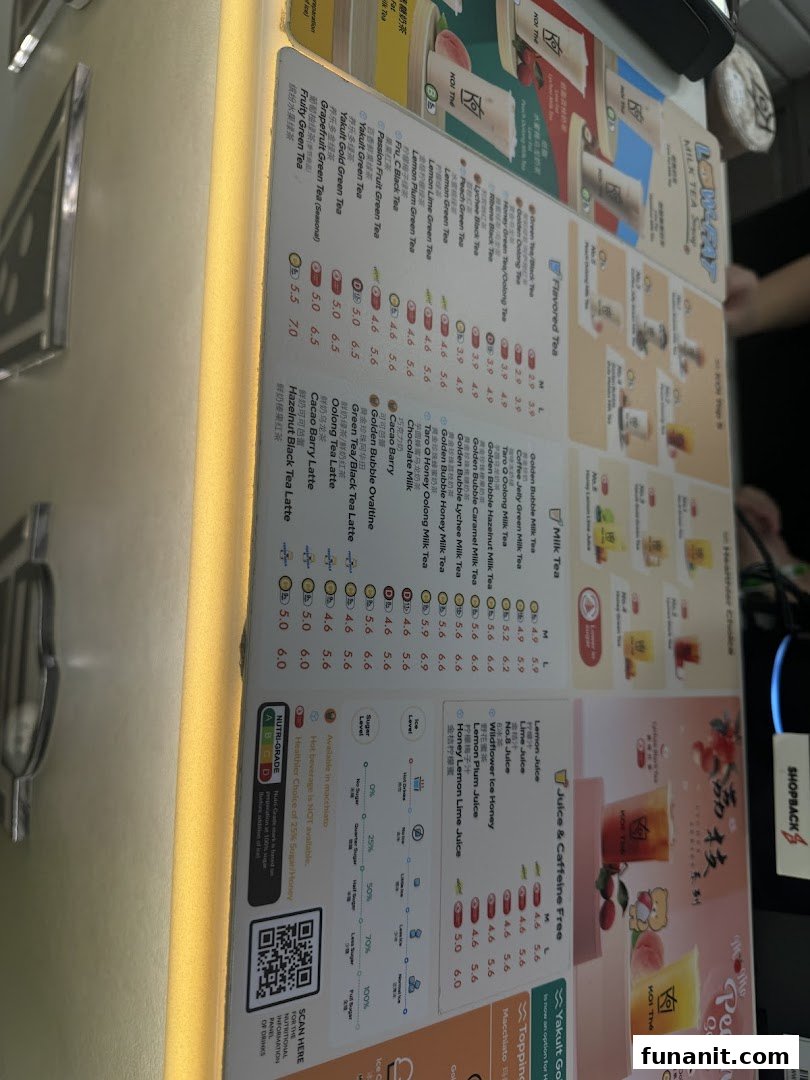 A detailed menu board displaying various bubble tea and beverage options with prices.