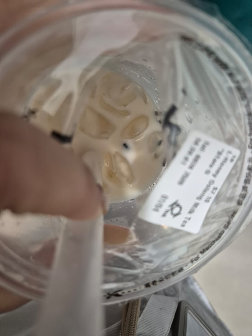 Close-up view of a refreshing bubble tea drink with ice and pearls, featuring a straw.