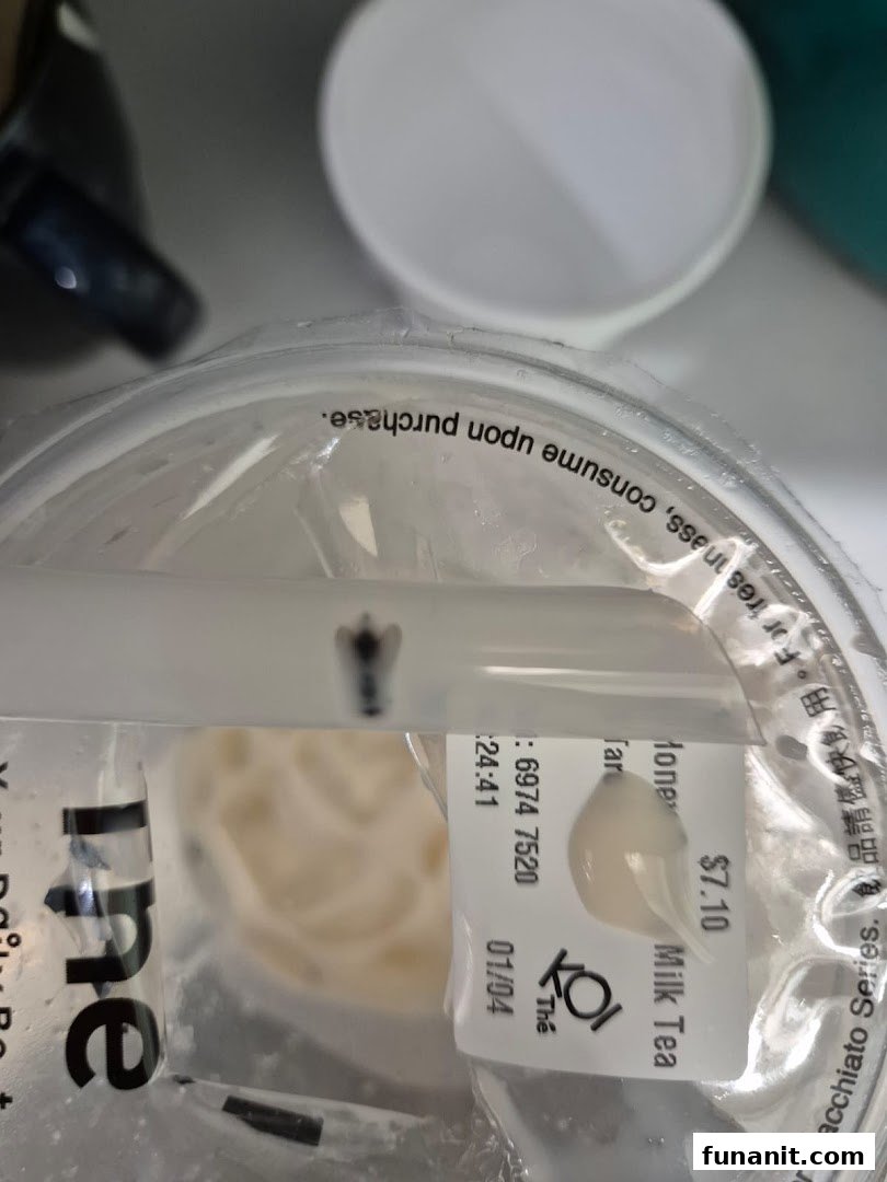 Close-up of a KOI Thé bubble tea cup with a product label showing "Milk Tea" and price.