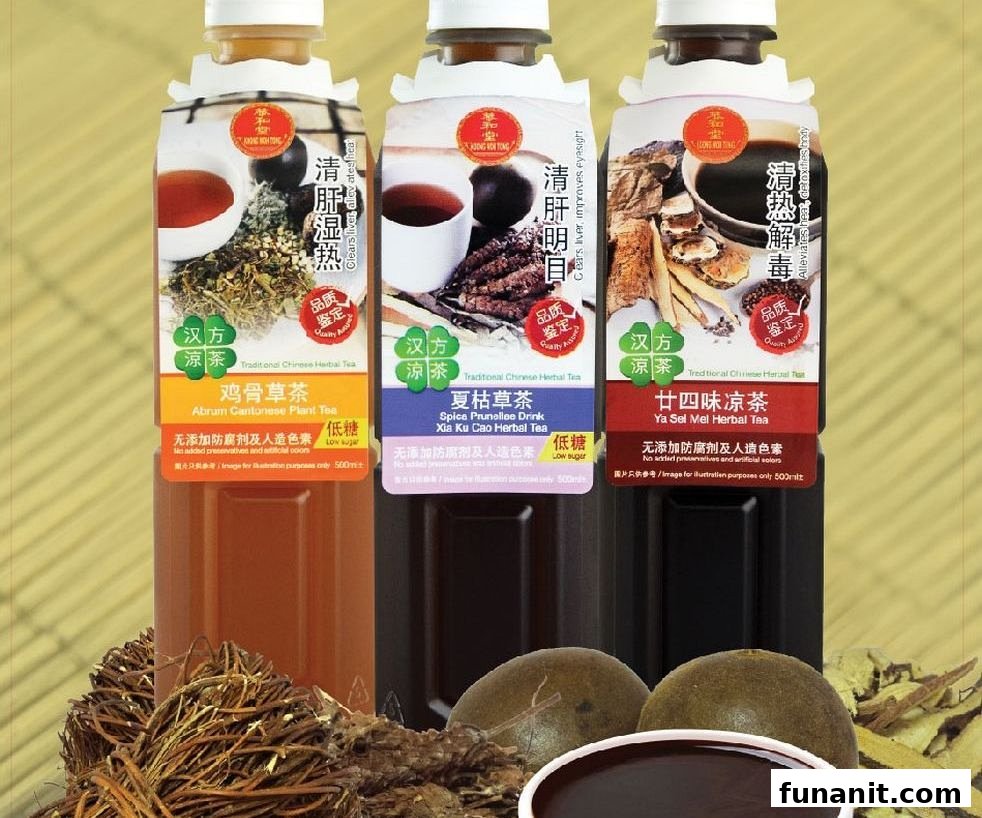 Three bottles of Koong Woh Tong traditional Chinese herbal teas with their natural ingredients.