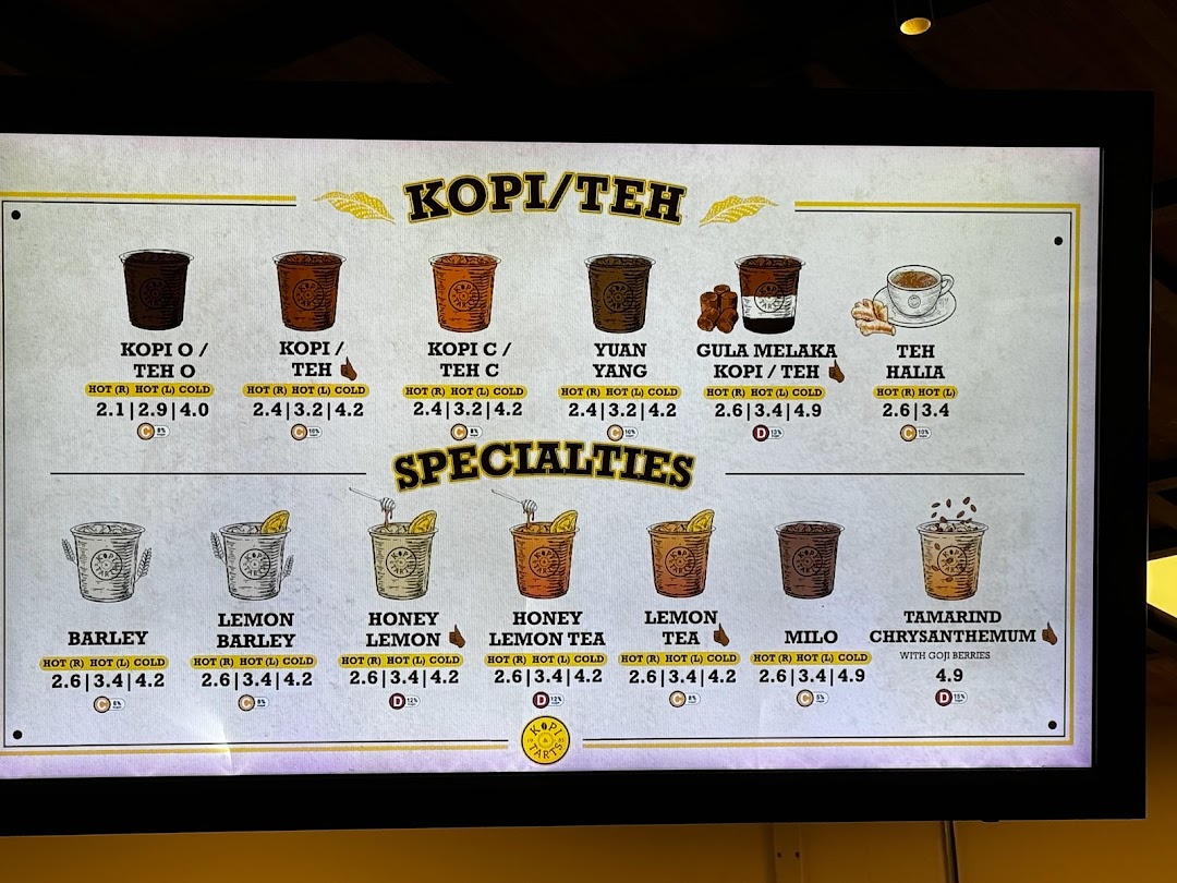 A digital menu board displaying a variety of traditional Kopi/Teh beverages and specialty drinks with prices.