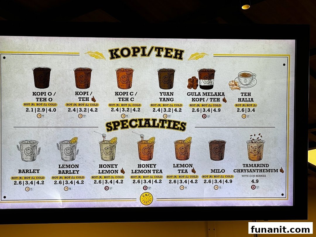 A digital menu board displaying a variety of traditional Kopi/Teh beverages and specialty drinks with prices.