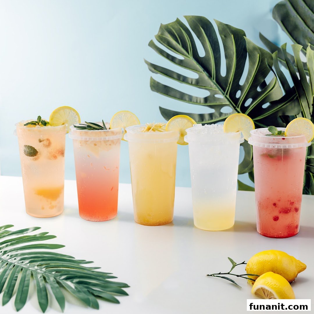 Five vibrant lemonade drinks with fresh fruit and garnishes, set against a tropical backdrop.