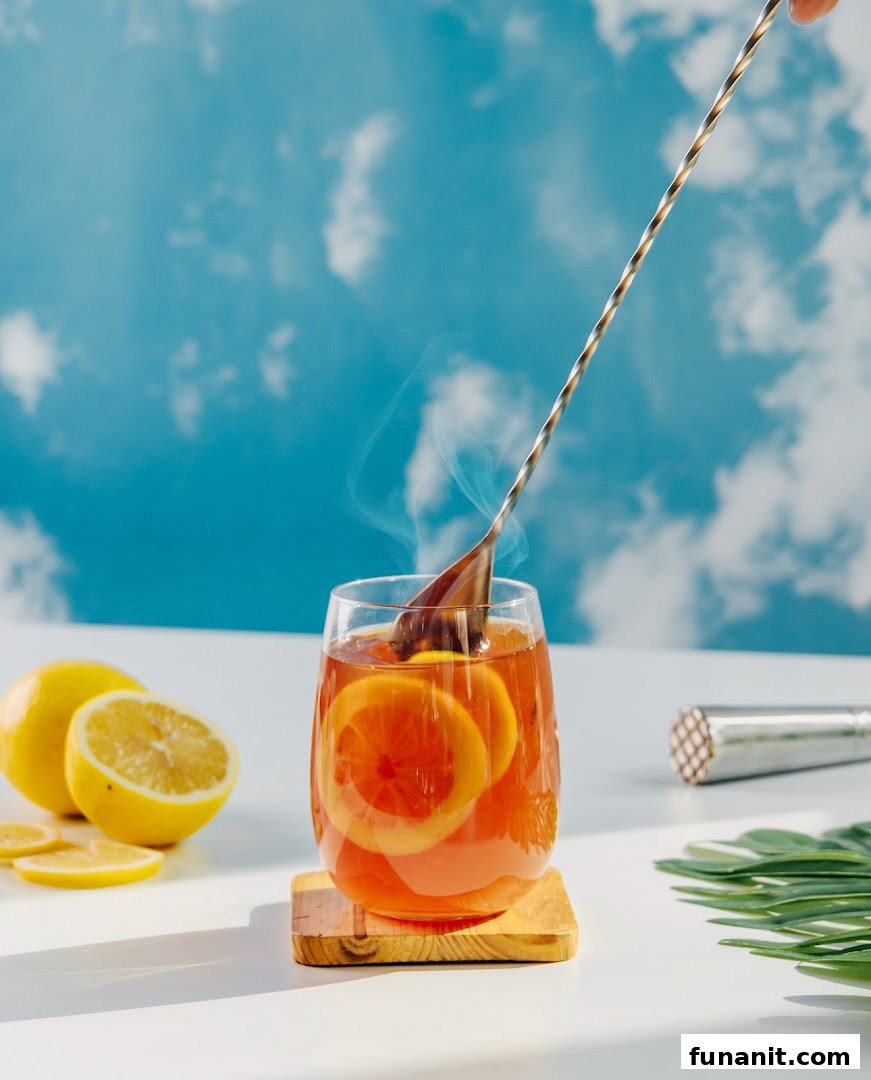 A refreshing glass of hot lemon tea with citrus slices and a stirring spoon, set against a blue sky.