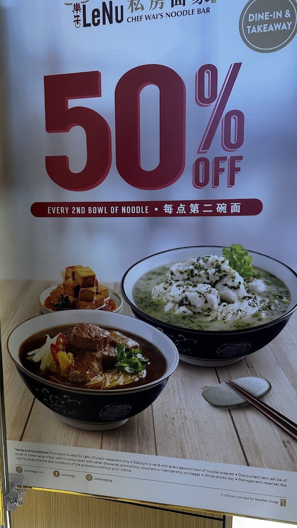A promotional poster for LeNu Chef Wai's Noodle Bar, highlighting a 50% off offer on noodles.