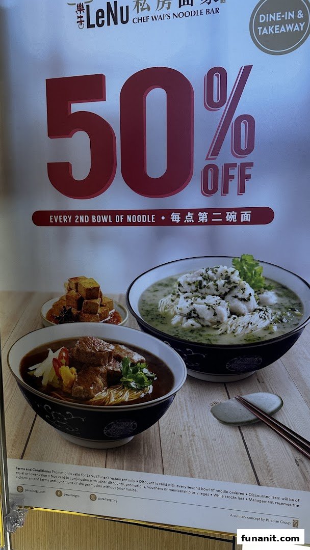 A promotional poster for LeNu Chef Wai's Noodle Bar, highlighting a 50% off offer on noodles.